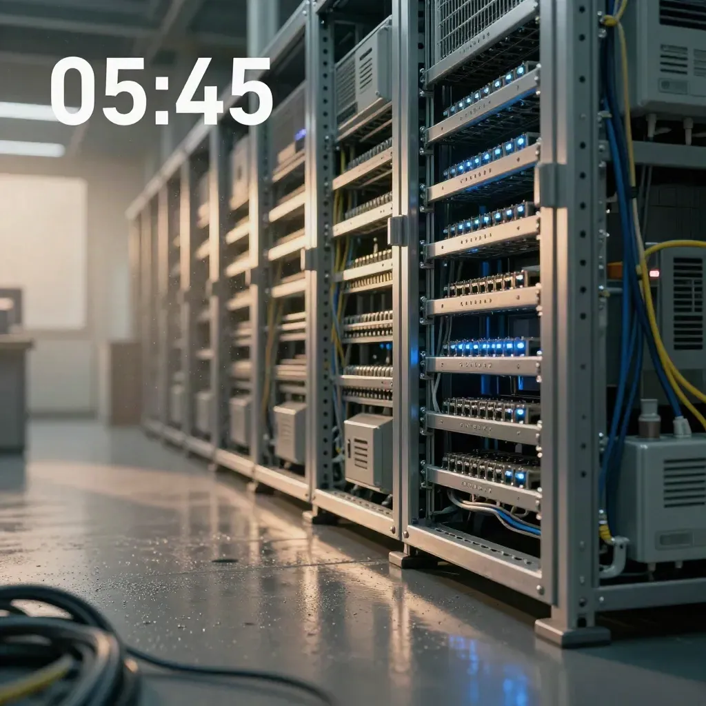 Sala interbancaria vuota con rack metallici, fibre ottiche e spie azzurre in controluce.