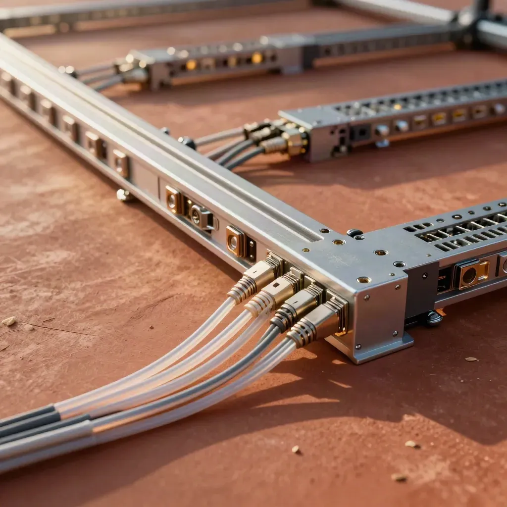 Moduli gateway e fibre ottiche in una rete tecnica luminosa, vista diagonale dall'alto.