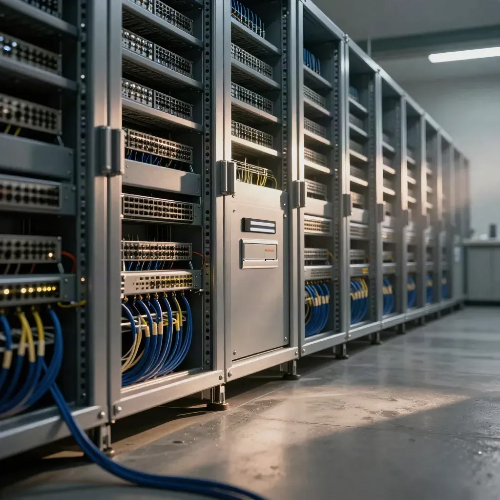 Armadio gateway in sala rack, con fibre ordinate e luce drammatica blu notte.