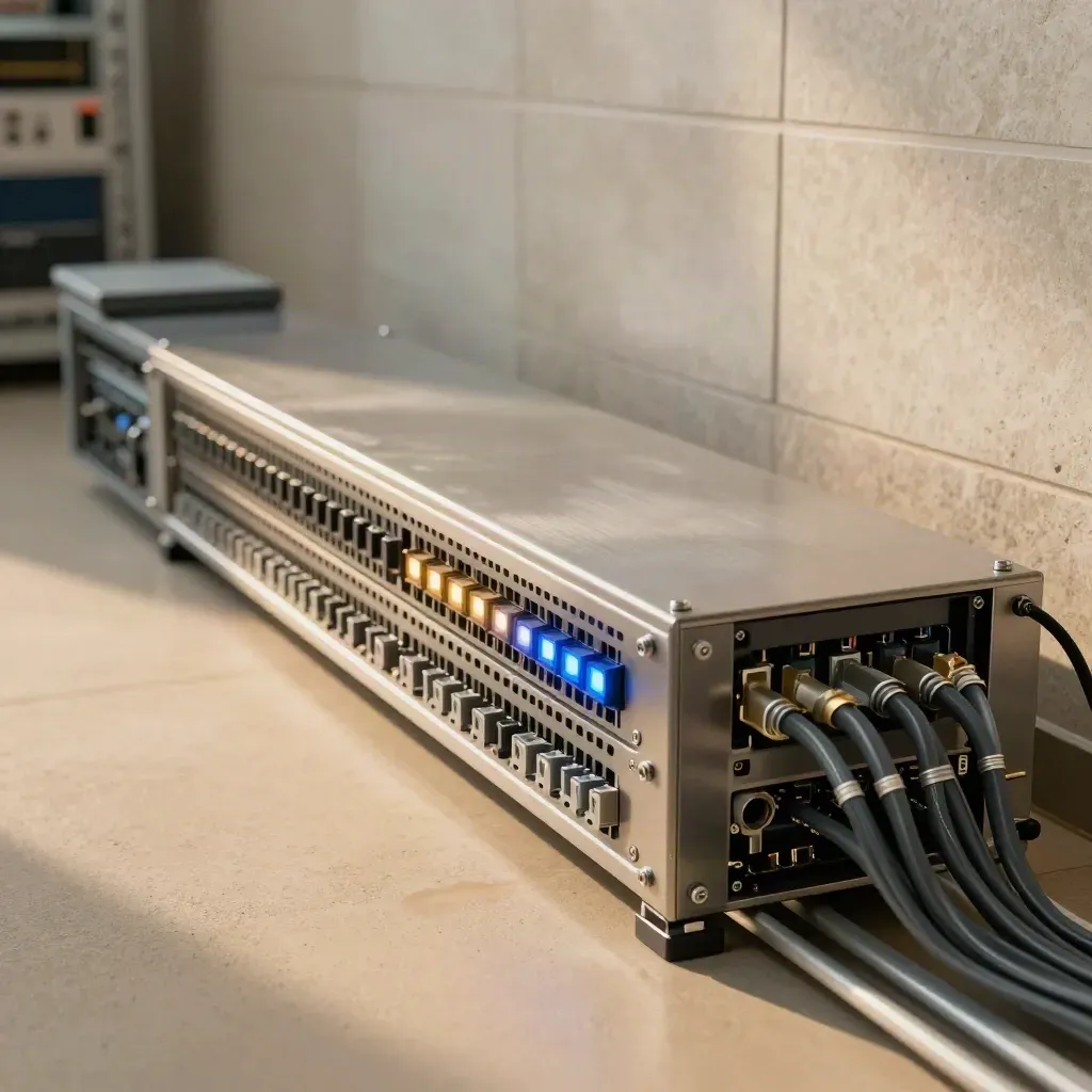 Gateway SWIFT di banca privata con cavi ordinati e LED blu in sequenza su sfondo tecnico chiaro
