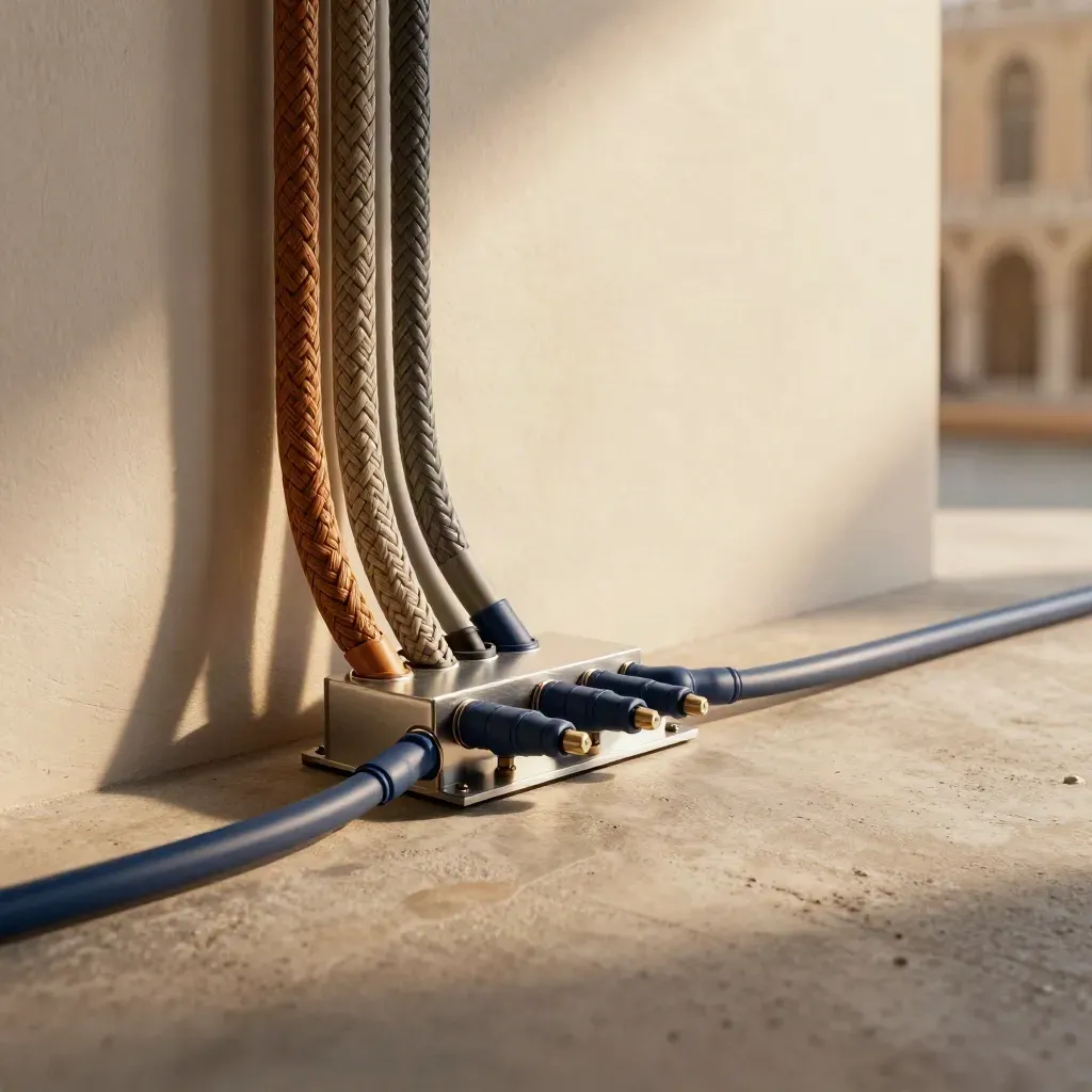 Nodo di instradamento con tre cavi intrecciati in un ambiente tecnico luminoso