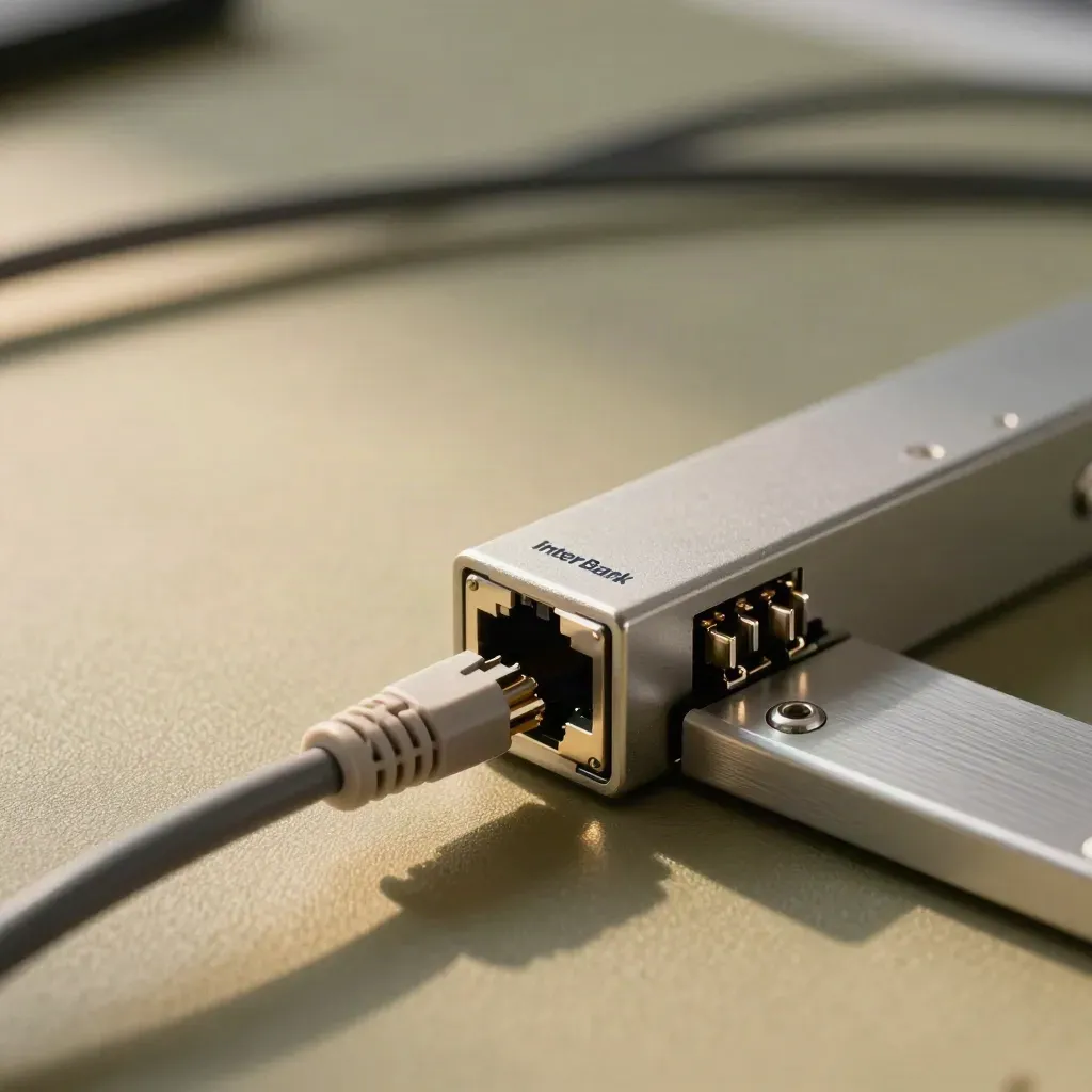 Adattatori di rete e cavi patch su banco tecnico, macro di connessioni bancarie