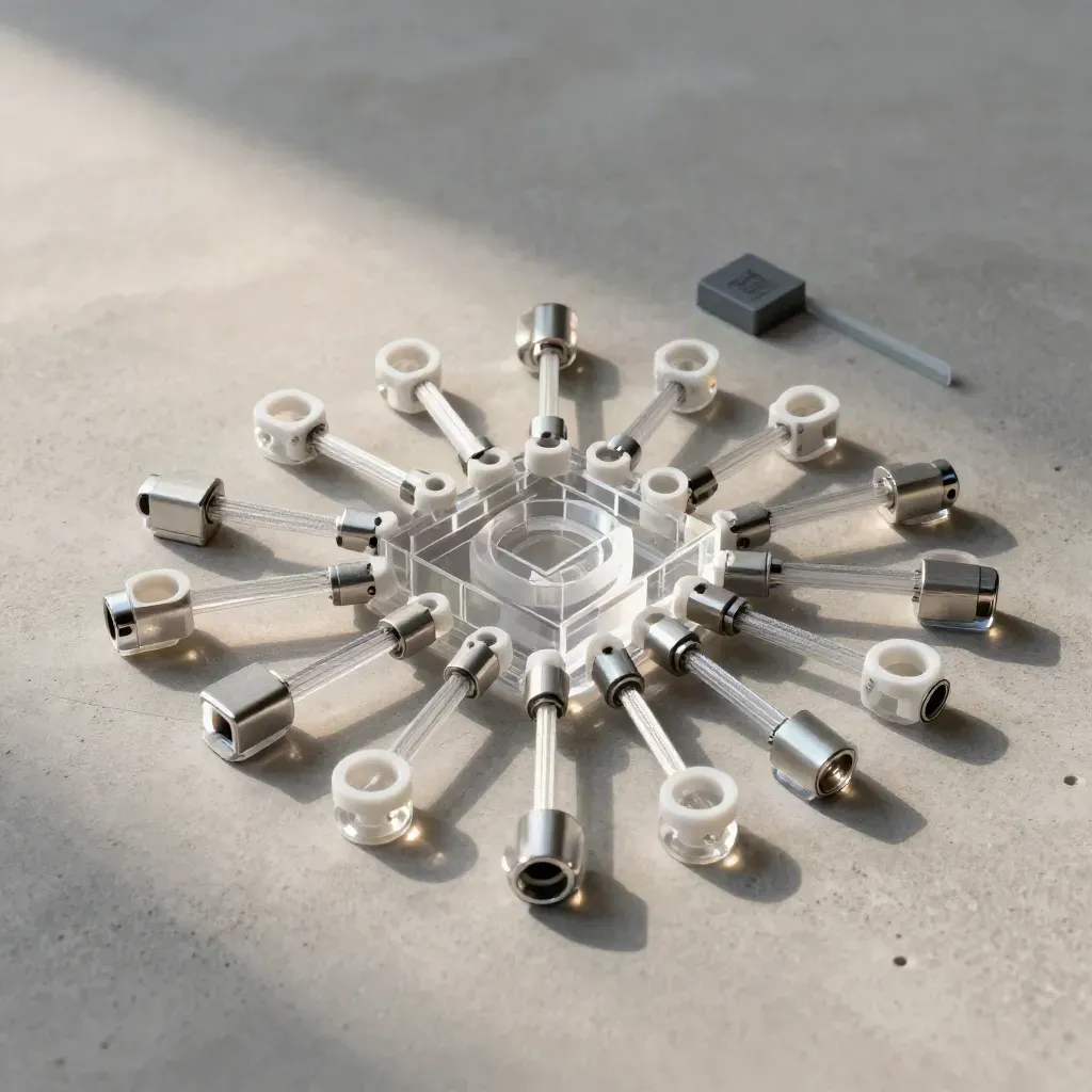 Connettori in fibra e anello centrale trasparente su cemento chiaro, flatlay tecnico.