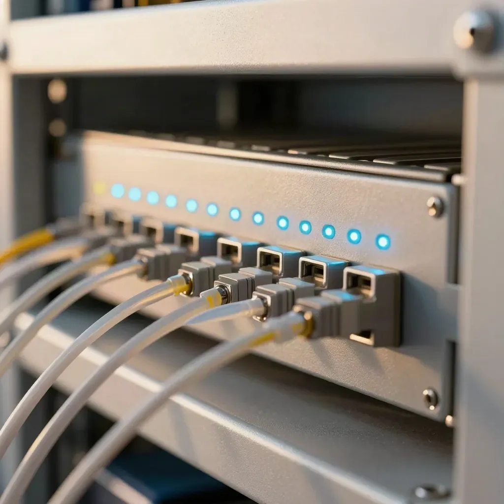Pannello in fibra con cavi e LED azzurri, dettaglio tecnico minimale su sfondo chiaro.