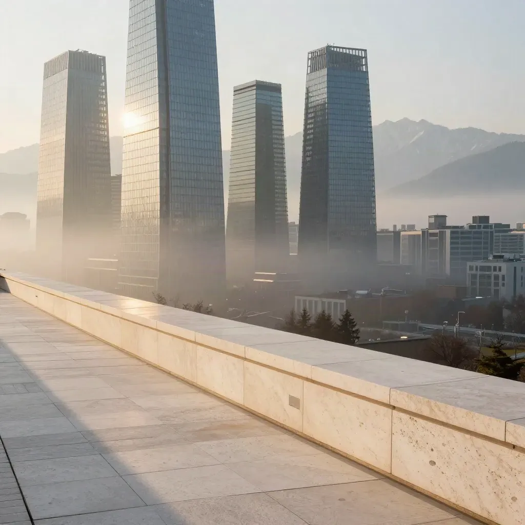 Skyline di Milano con Porta Nuova nella foschia dorata, terrazza in travertino e Alpi lontane.