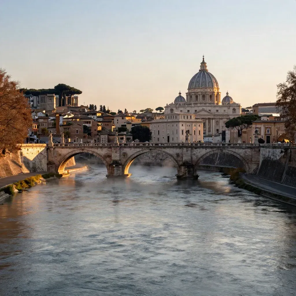 Roma al tramonto sul Tevere, tetti e cupole in controluce con acqua calma e foschia dorata.