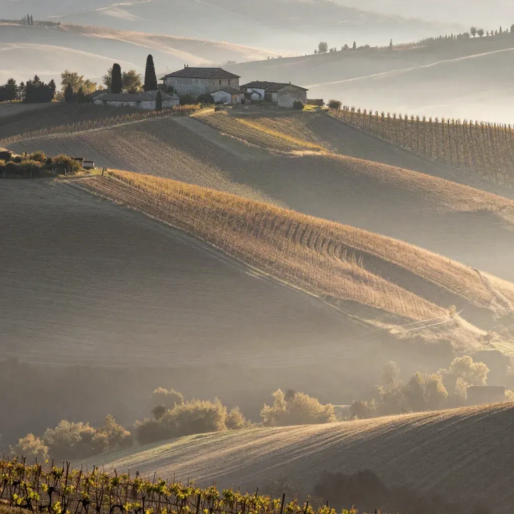 Colline delle Langhe con vigneti e cascinali nella nebbia all’alba